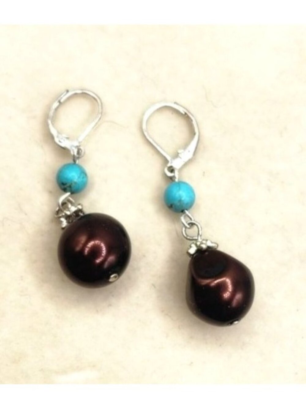 Turquoise & Brown Beaded Drop Earrings With Silver Tone Leverback Hooks